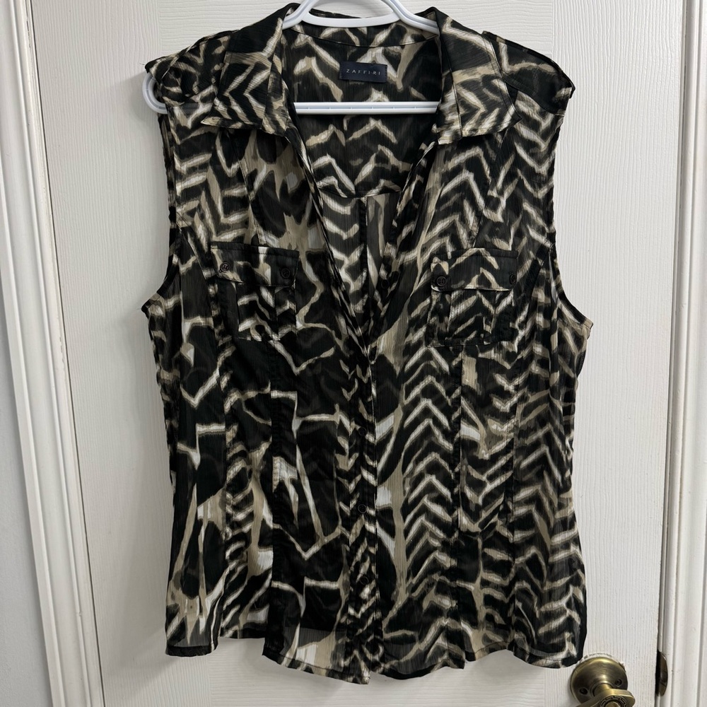 Zaffiri Sheer Geometric Blouse L Black Cream Sleeveless Button Front Boho Resort